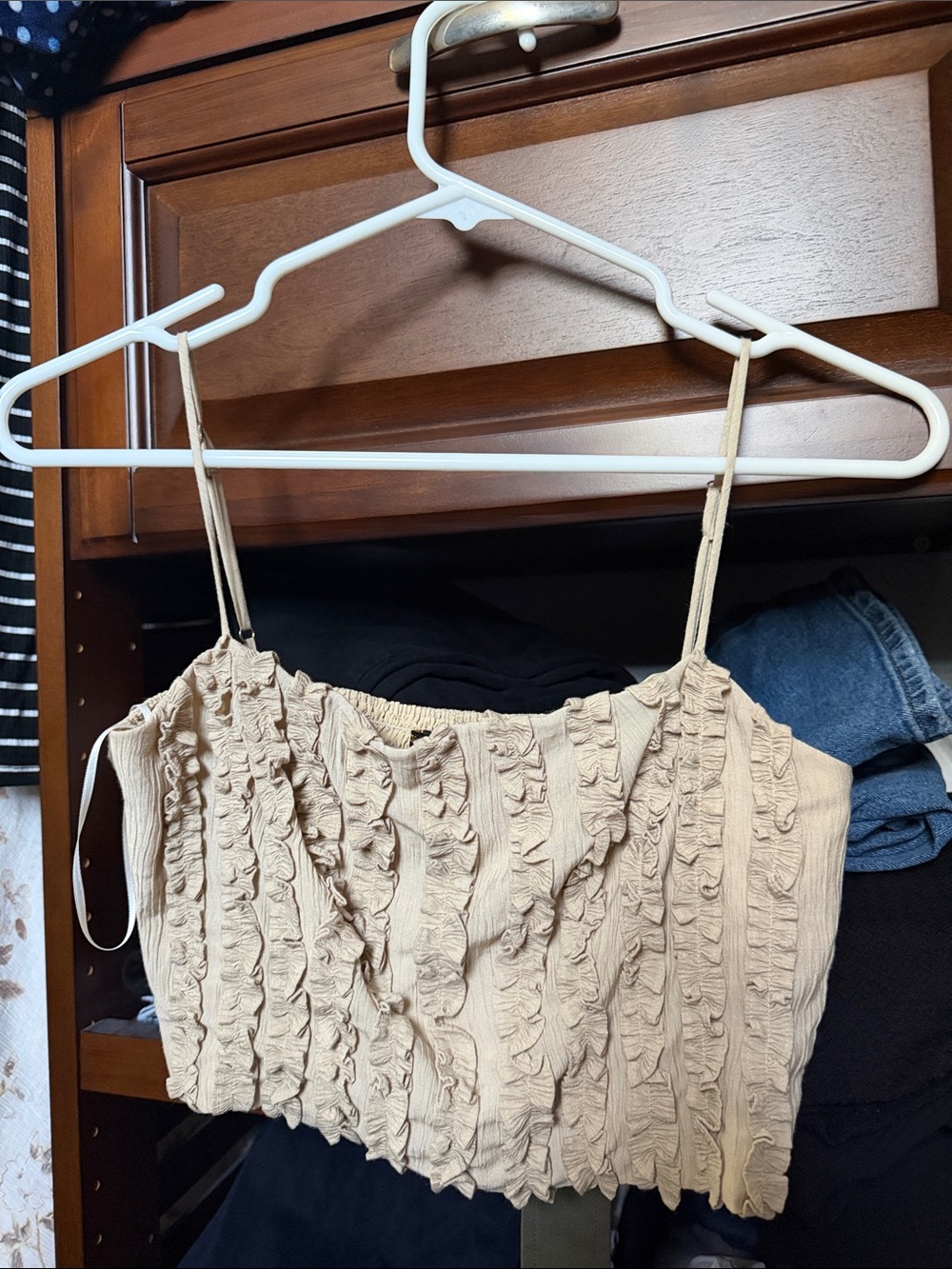 Beige Ruffle Crop Top with Adjustable Straps